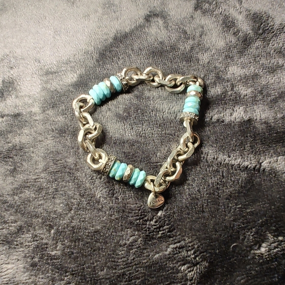 Vintage Womens Fossil Silver Toned Turquoise Beaded Crystal flexible Bracelet - Picture 2 of 4
